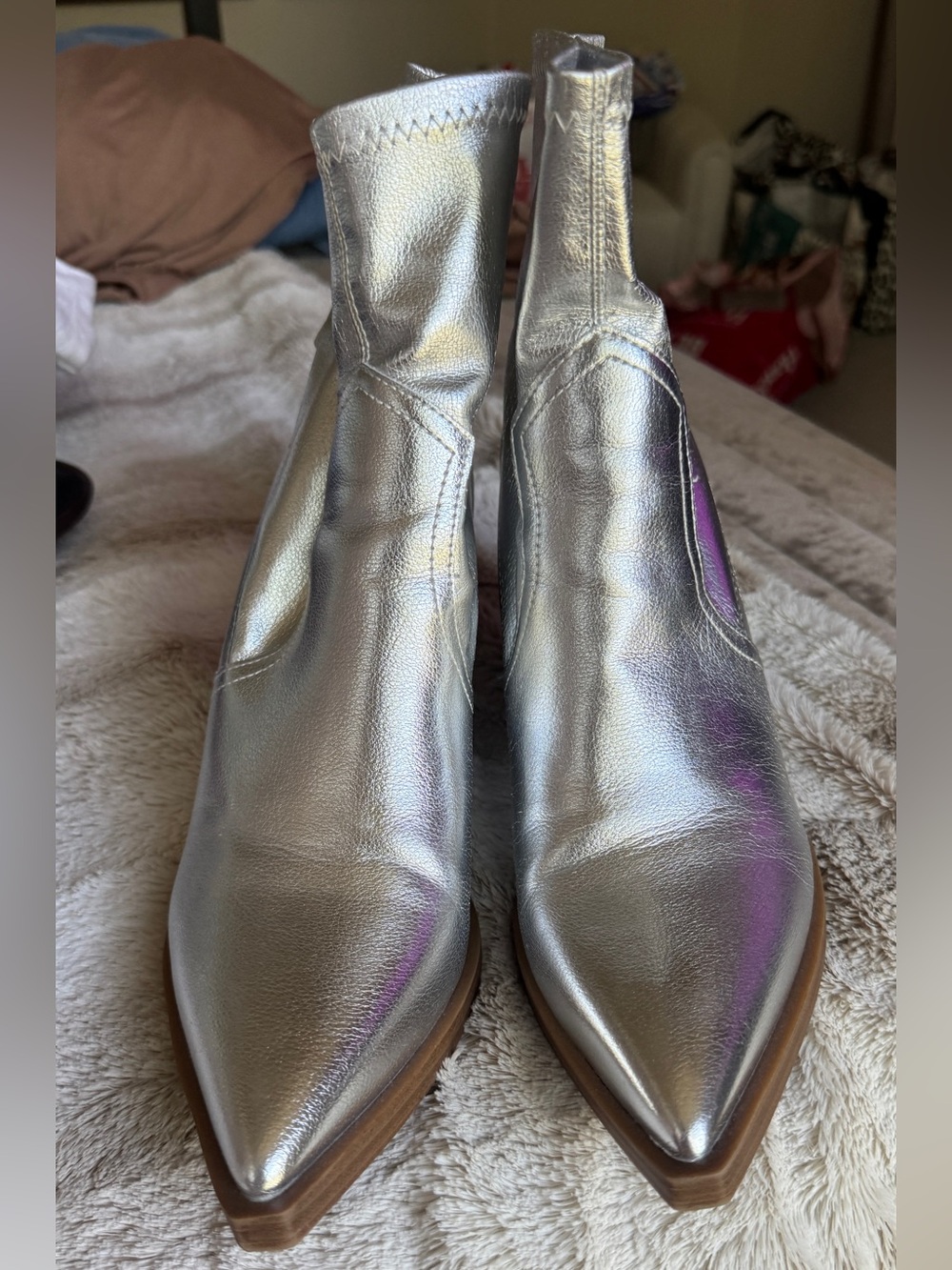Silver Metallic Pointed-Toe Ankle Boots - Women - Picture 4 of 7